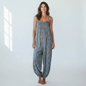 Striped Floral Wide-Leg Pajama Jumpsuit in Blue and Brown